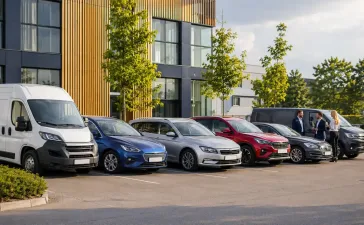 Uzņēmuma autoparks ar vairākām dienesta automašīnām pie moderna biroja ēkas, kas simbolizē pilna servisa līzingu un efektīvu autoparka pārvaldību.