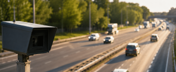 Fotoradars uz Latvijas autoceļa fiksē transportlīdzekļu ātrumu saulainā dienā.