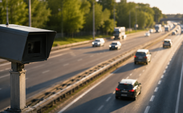 Fotoradars uz Latvijas autoceļa fiksē transportlīdzekļu ātrumu saulainā dienā.